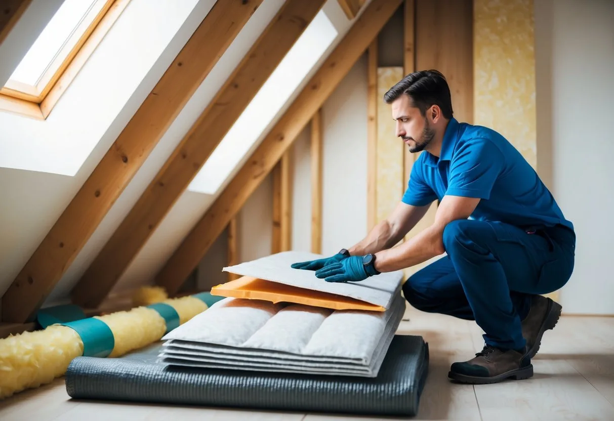 En professionel installerer isolering på et loft og sammenligner forskellige materialer